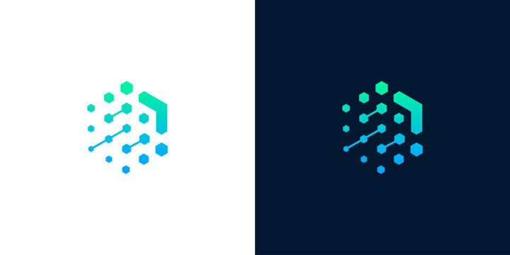 Dynamic abstract digital technology logo design featuring a hexagonal shape formed by interconnected dots and an ascending arrow, representing data flow, network progress, and innovative growth