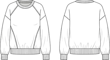 Women's raglan sleeve sweatshirt technical sketch, front and back view, fashion CAD drawing flat vector apparel illustration, oversized sweater mockup. © Fozila