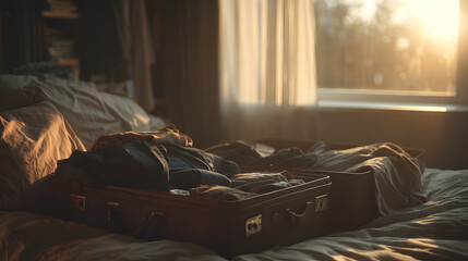 Fototapeta premium Open suitcase on bed, clothes half packed, warm sunset light, quiet departure feeling, cinematic emotional realism