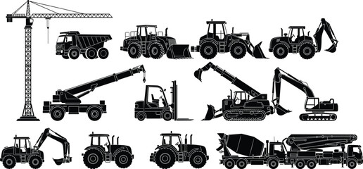Construction machinery silhouette set featuring crane, dump truck, excavator, bulldozer, forklift, concrete mixer, heavy industrial vehicles collection isolated vector illustration © Asha Creatives