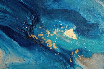 Fototapeta premium Exploration of abstract art featuring a blue wallpaper background with hints of gold and intricate wave patterns