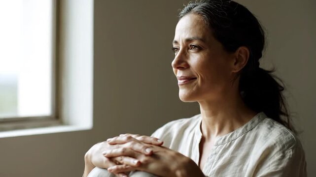 Serene middle-aged woman meditating by window, finding inner peace and mindfulness.