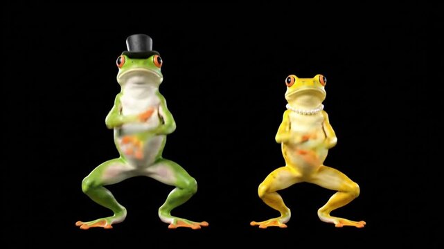 Two frogs performing a synchronized dance routine in a studio setting, captured from a front viewpoint, showcasing their energetic frog dance movements