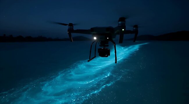 Drone illuminates bioluminescent algae bloom over a dark ocean surface at night