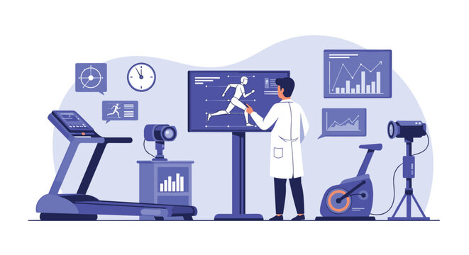 Male scientist in a sports science laboratory analyzes an athlete's biomechanics on a large screen with data from a treadmill and exercise bike.