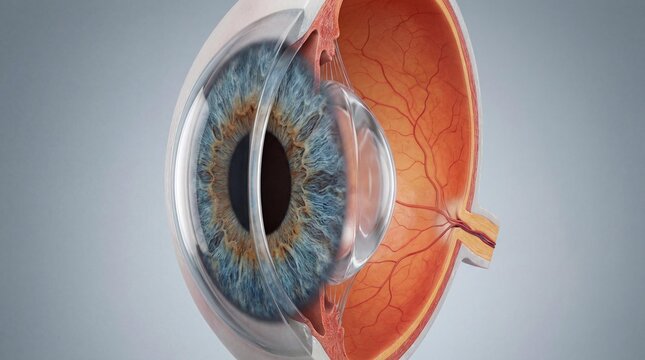 Human eye anatomy close up, iris lens and retina structure, medical
