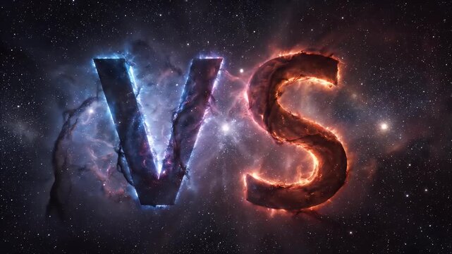Cosmic duel 'V' glows blue, 'S' burns orange amid star-filled nebula