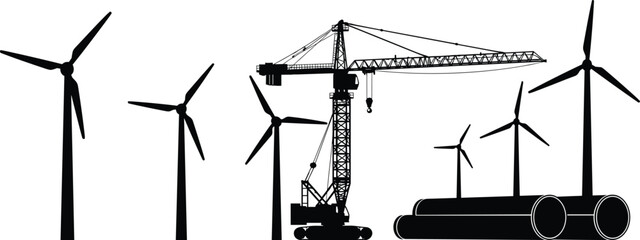 Wind turbine construction silhouettes with crane and industrial equipment, renewable energy infrastructure concept, vector illustration isolated on white background © Asha Creatives