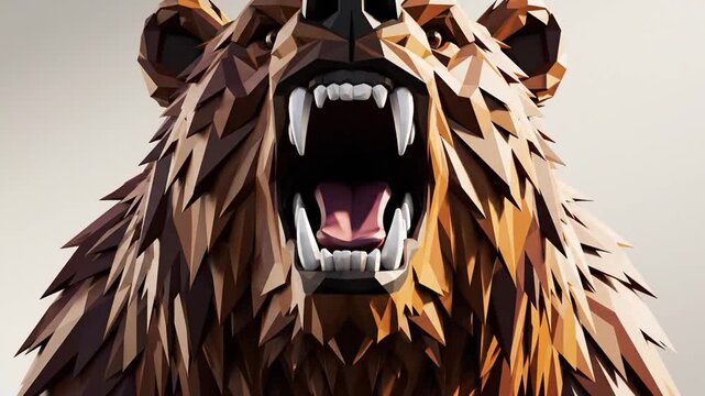 Aggressive low poly bear roaring on white background