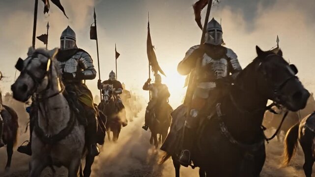 Medieval Knights Templar Cavalry Charge Through Foggy Battlefield War Scene. 4K Video	