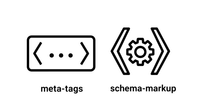 Web development icons: meta tags symbol with dots and a bracketed gear for schema markup, representing website structure and coding