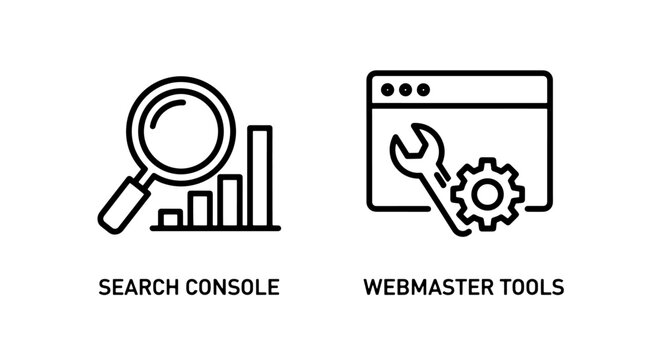 Digital marketing icons: magnifying glass for search, bar graph for analytics, and wrench with gear for webmaster tools, representing SEO and web strategy.