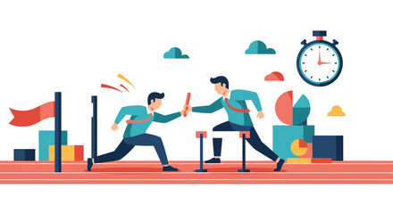Fototapeta premium Businessmen in a relay race pass the baton while overcoming hurdles, symbolizing teamwork, corporate succession, and collaboration.