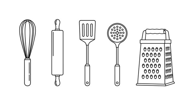 Collection of kitchen utensils including whisk, rolling pin, spatula, skimmer and grater vector