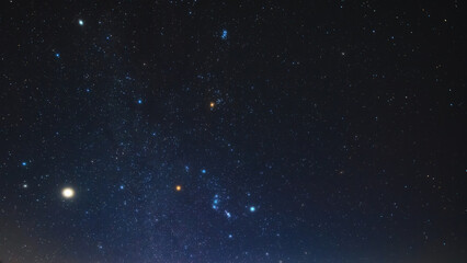 Orion constellation and Milky Way stars on a dark countryside skies. © astrosystem