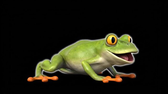 A vibrant green frog performs an energetic dance on a transparent background, captured from a side-view perspective in a video titled frog dance-8.mp4