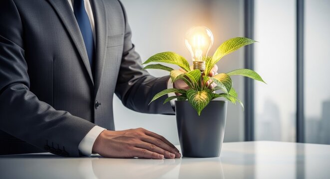 Businessman holding a plant with a lightbulb concept of idea growth and innovation