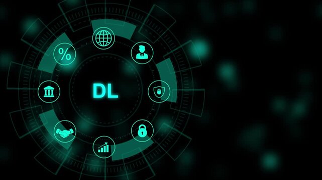 DL concept. Deep learning artificial intelligence neural network. Modern technology, internet and social media icons 4K animation background.