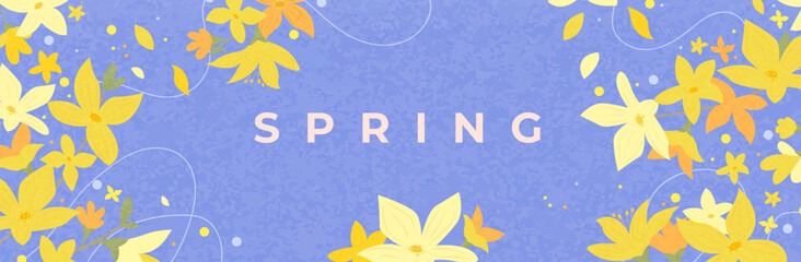 Obraz premium Spring greeting card with cute yellow forsythia on blue background. Textured spring banner, poster with beautiful flowers. Hand drawn floral decorative elements. Elegant botanical design. Vector