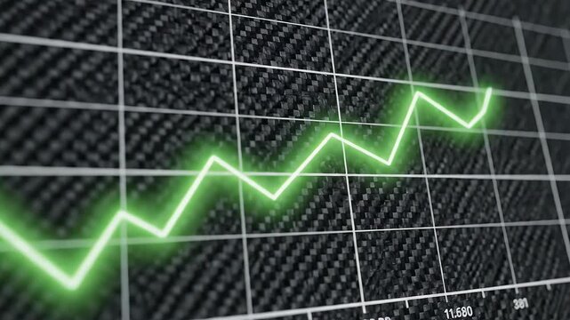 A bright green line chart shows upward trend on a textured dark grid