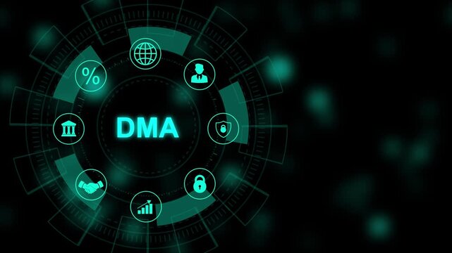 DMA acronym. Digital Marketing Automation concept, with gear modern technology internet and social media icons 4K animation background.