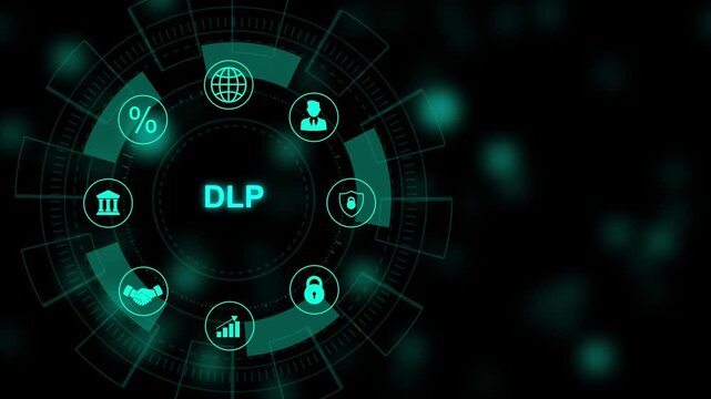 DLP acronym, Data loss prevention system concept, with gears, modern technology, internet and social media icons 4K animation background.