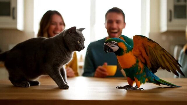 Heartwarming scene of cat and colorful parrot interacting on wooden table with happy family