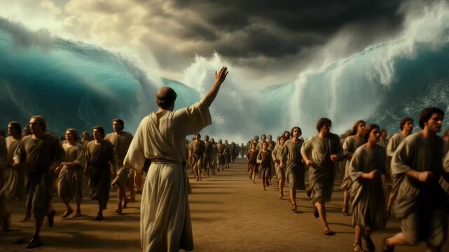 Push-in shot of prophet guiding people through parted Red Sea