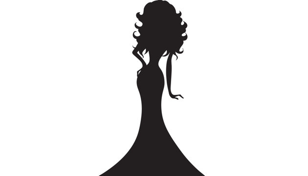 Woman elegant silhouette in long evening gown with curly hair, fashion model pose, black cutout icon isolated on white background for beauty and style design