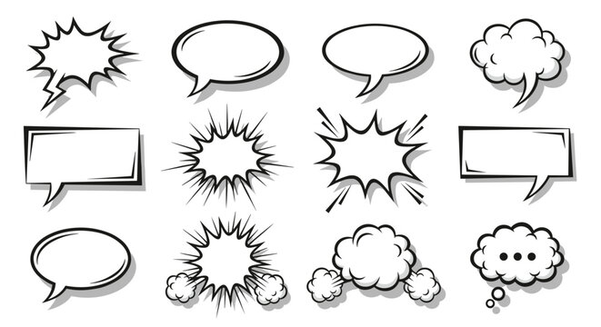 Comic speech bubbles set with various shapes for chat and dialogue in retro pop art style with drop shadow