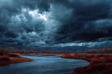 Fototapeta premium Dark storm clouds loom over a tranquil river landscape at dusk, creating a dramatic contrast between the sky and the serene water below