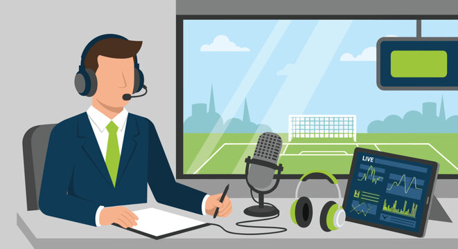 Professional sports commentator with headphones and a microphone provides live play-by-play analysis from a broadcast booth overlooking a soccer stadium field.