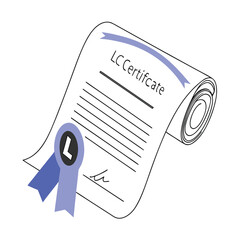 Illustration of a rolled certificate with a blue ribbon and seal for achievement recognition