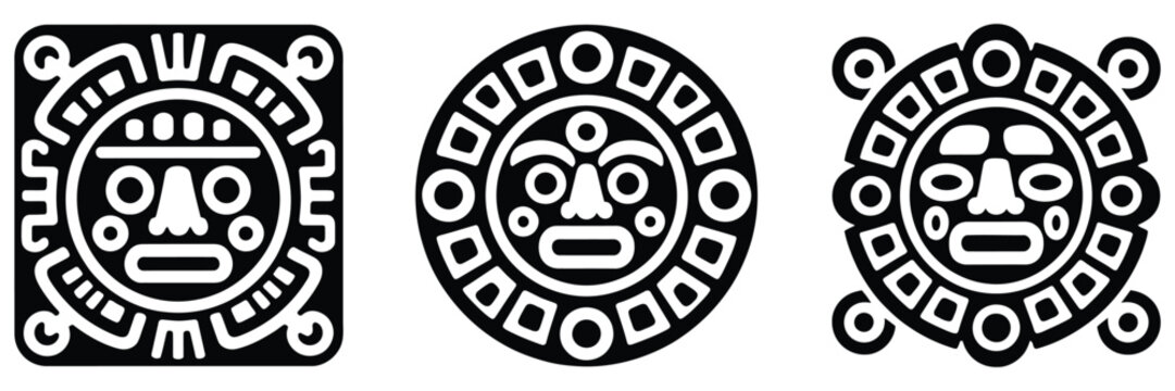 Set of Ancient Mayan art and civilisation silhouette icons, flat vector illustrations for historical design, representing culture, architecture, symbols, heritage, archaeology, and professional 
