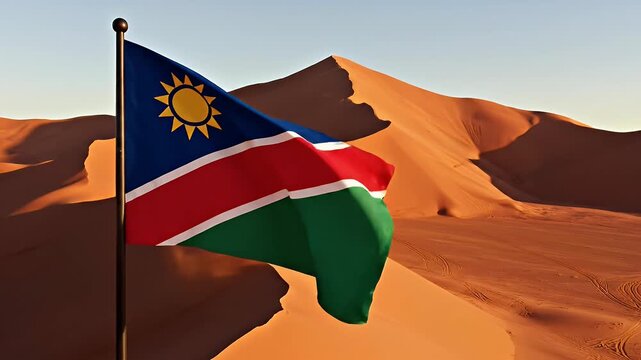 A flag in the desert with golden sand dunes under a clear blue sky