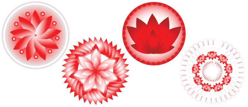 Red floral mandala ornament round decorative set,
Abstract circular flower mandala gradient vector,
Traditional ornamental lotus mandala badge design