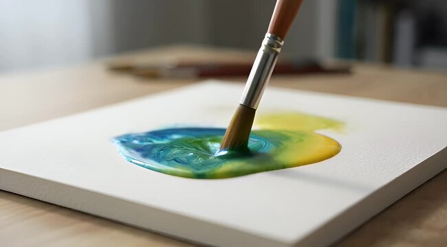 Close up of paint brush mixing blue and yellow paints on canvas
