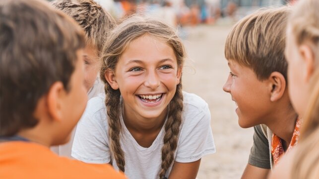 Smiling young girl with pigtails having fun with friends. Happy children at Summer camp enjoying communication and friendship.