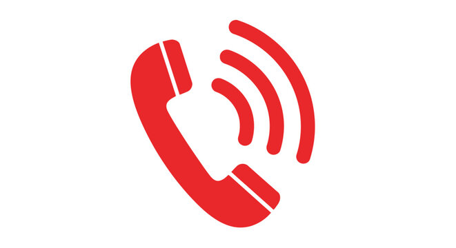 Red telephone handset icon with sound waves isolated on a white background