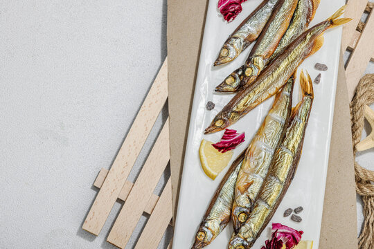 Smoked smelt with fresh lemon and herbs. Salted fish with marine decor. Trendy dish, sea rope