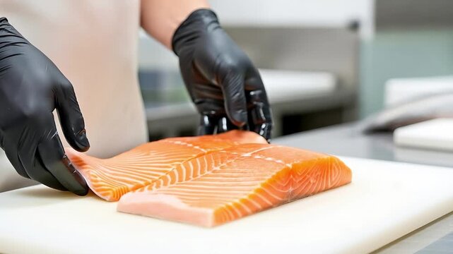 Gloved hands cutting fresh salmon fillets on cutting board in kitchen