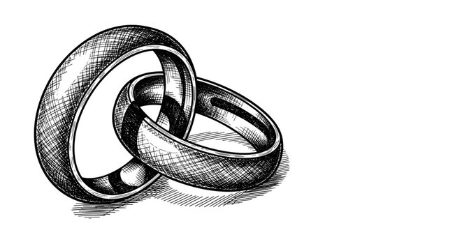 Detailed pencil sketch of two interlocking wedding rings symbolizing eternal love and commitment ceremony