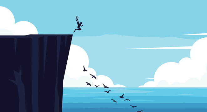 Silhouette of a person taking a courageous leap of faith off a steep cliff into the ocean with birds flying below in a serene vector landscape.