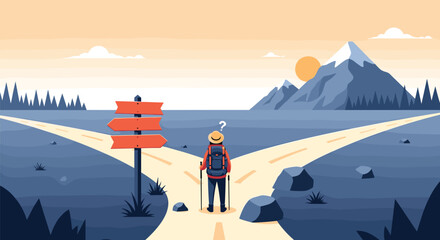 Naklejka premium Hiker with a backpack stands at a fork in the road with a blank signpost, contemplating which path to take toward the distant mountains at sunrise.