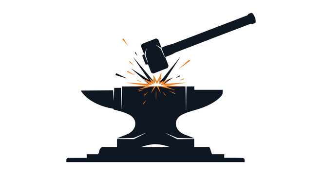 Silhouette of a heavy hammer striking a solid black anvil, creating a burst of bright orange sparks upon impact.
