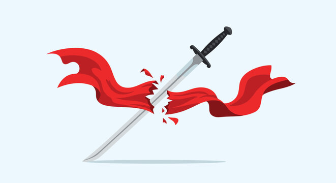Sharp steel sword with a black hilt cleanly slices through a flowing red ribbon in a symbolic cutting motion illustration.