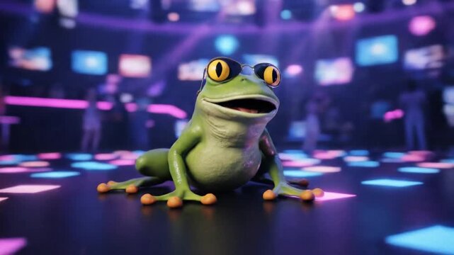 A cartoon frog performing a lively dance in a vibrant neon-lit nightclub environment captured from a front viewpoint as seen in frog dance-18.mp4