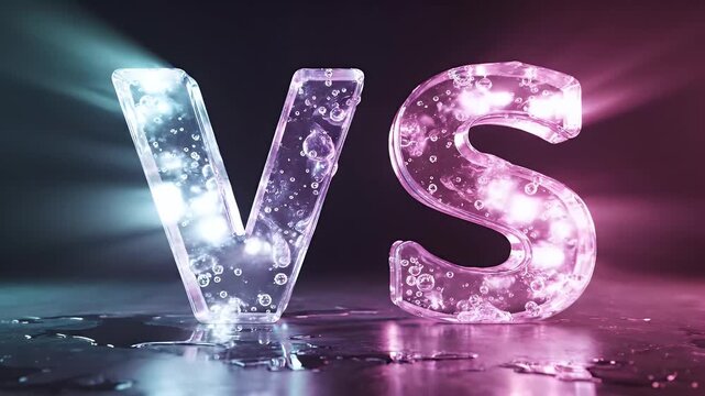 Translucent, bubble-filled letters 'V' and 'S' glisten with pink and blue light
