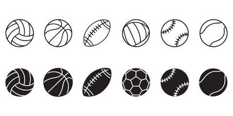 Sports Ball Icons Set - Outline and Solid Vector Pack for Web Design
