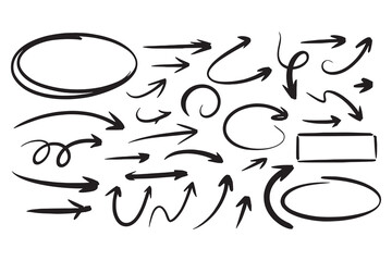 Hand drawn black arrows and circular frames set, doodle pointer signs collection for infographic and presentation